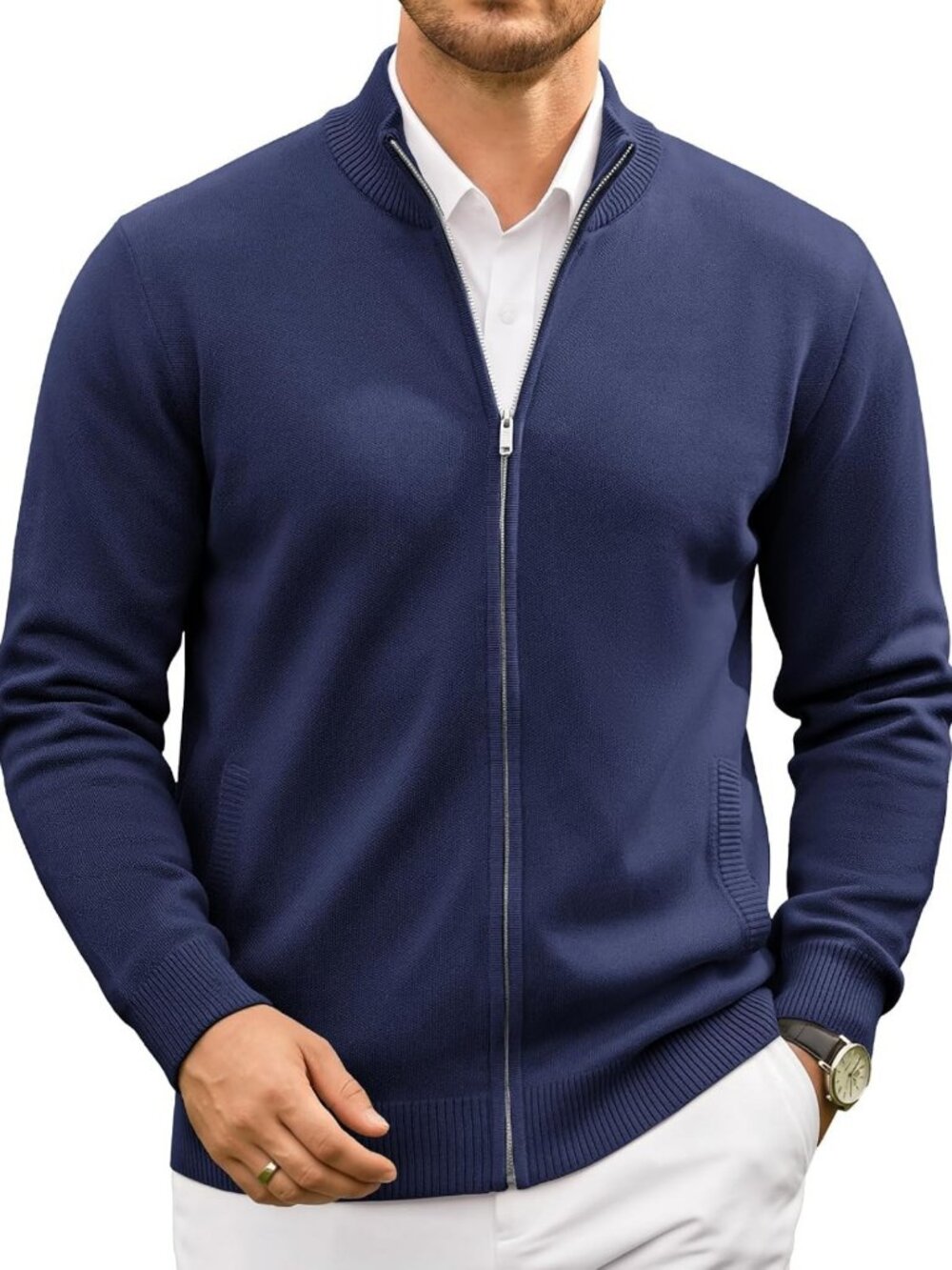 Stylish Men's Full Zip Cardigan Sweater | Mock Neck Knitwear with Unique Pattern
